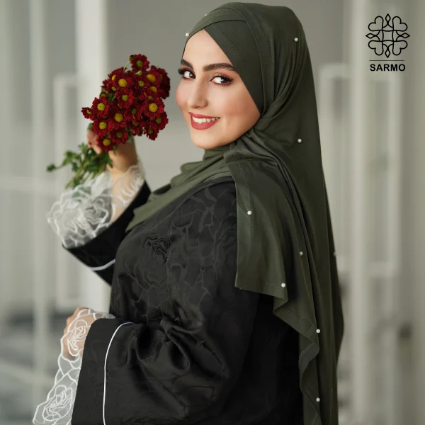 شال کویتی کشی با مرواریدهای سفید ظریف