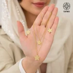 نیمست گوشواره گردن بند دولاین گل چهارپر طلایی کد 1522003 - Image 4