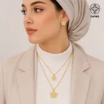 نیمست گوشواره گردن بند دولاین گل چهارپر طلایی کد 1522003 - Image 2